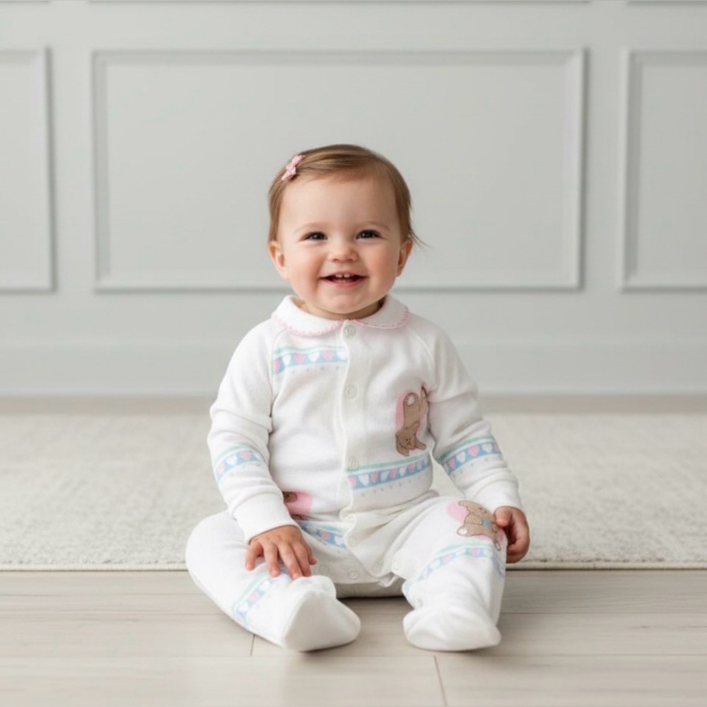 5/$25 Vintage 1980s Baby White Footie Pajamas Teddy Bear Print | 12-18M